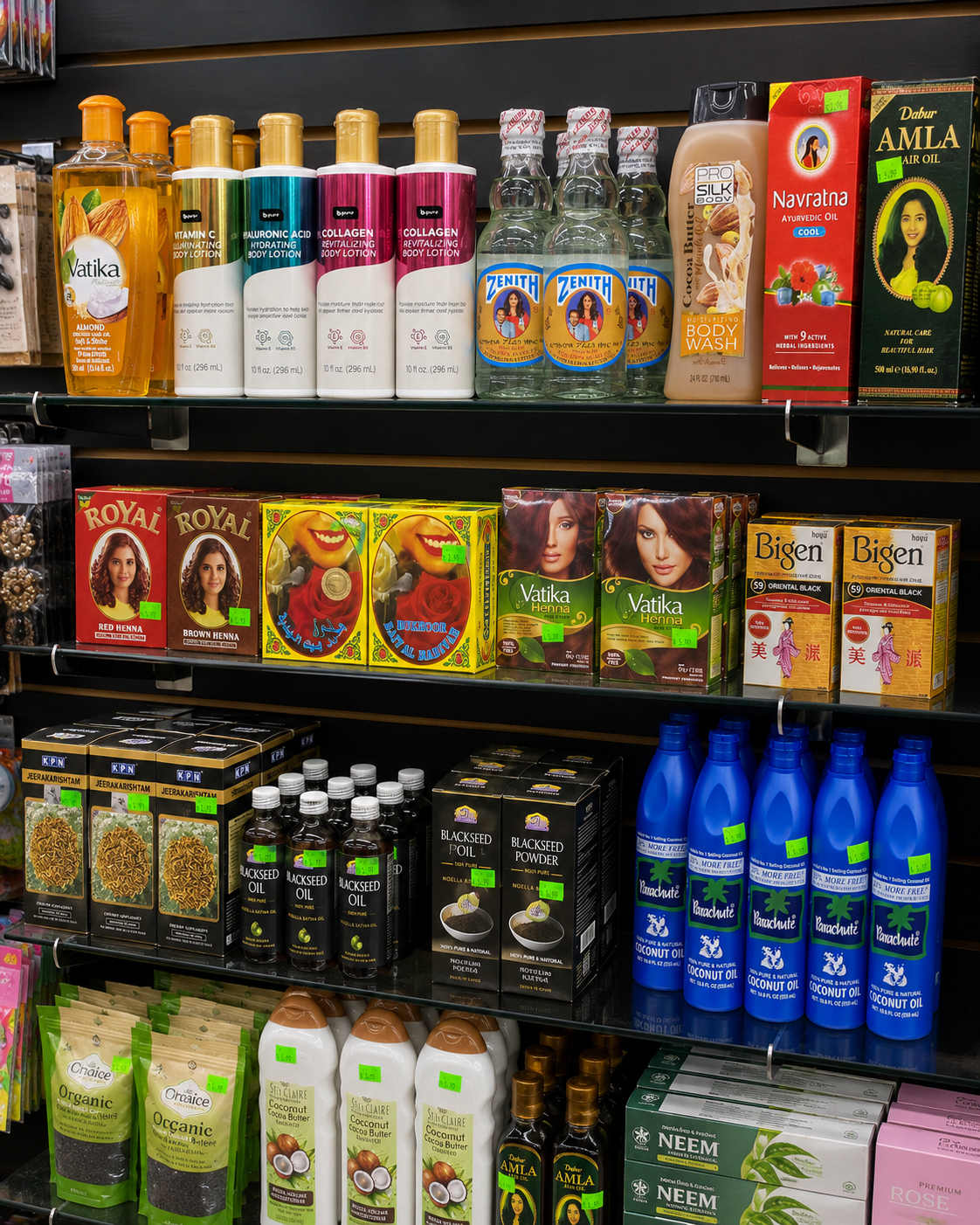 Cosmetics shelves with oils and beauty products