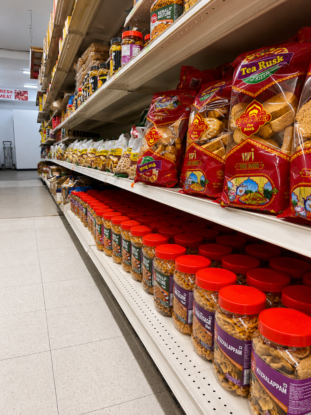 Premium snacks and tea products aisle display